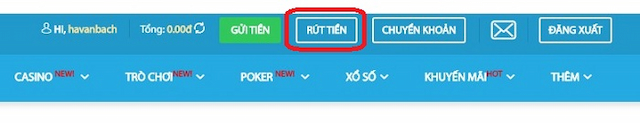 Nhấp chuột vào mục "Rút tiền" nằm ở góc bên phải của màn hình